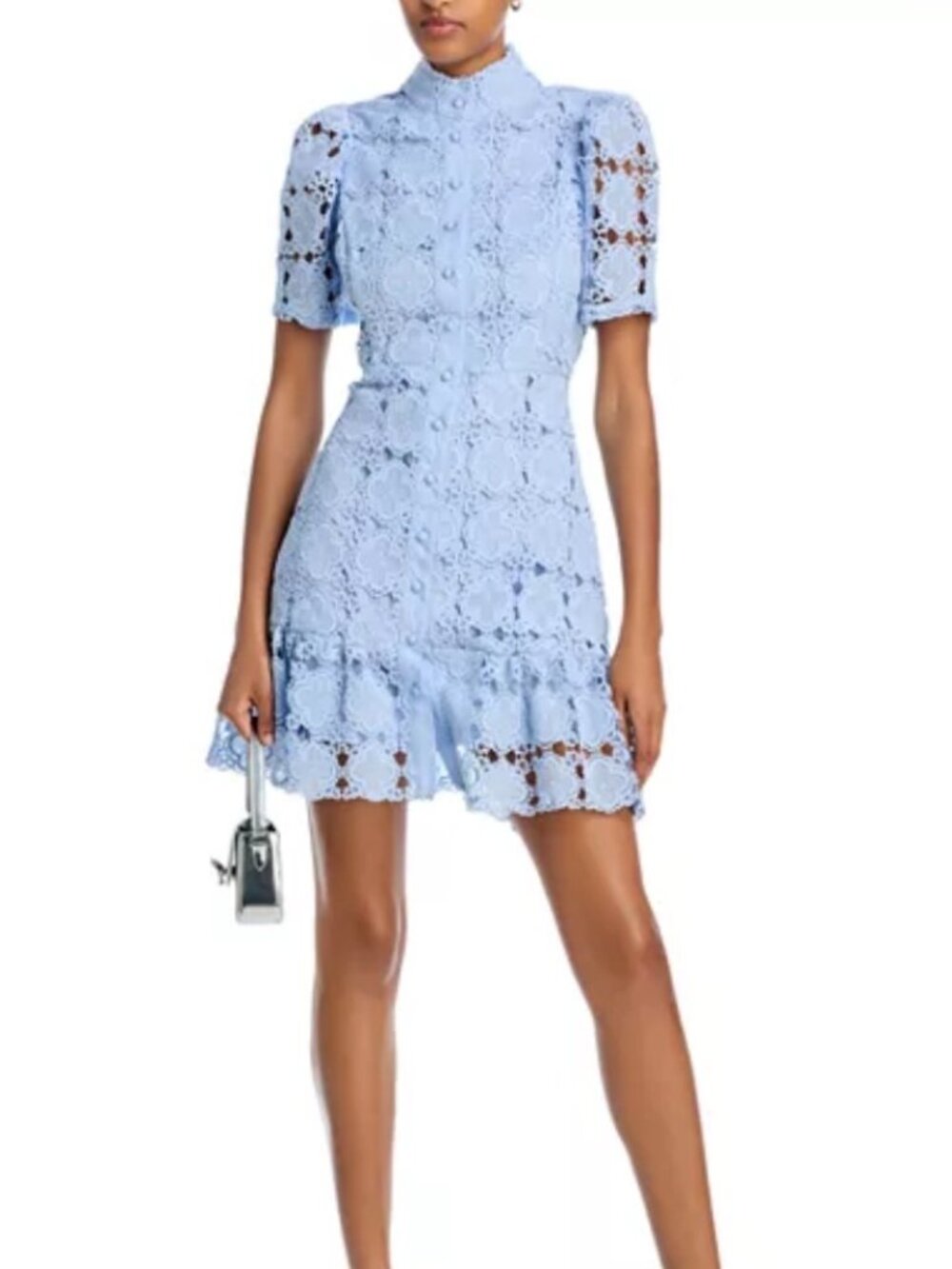 NWT Aqua Floral Lace Mock Neck Mini Dress in Ice Blue. Size XL